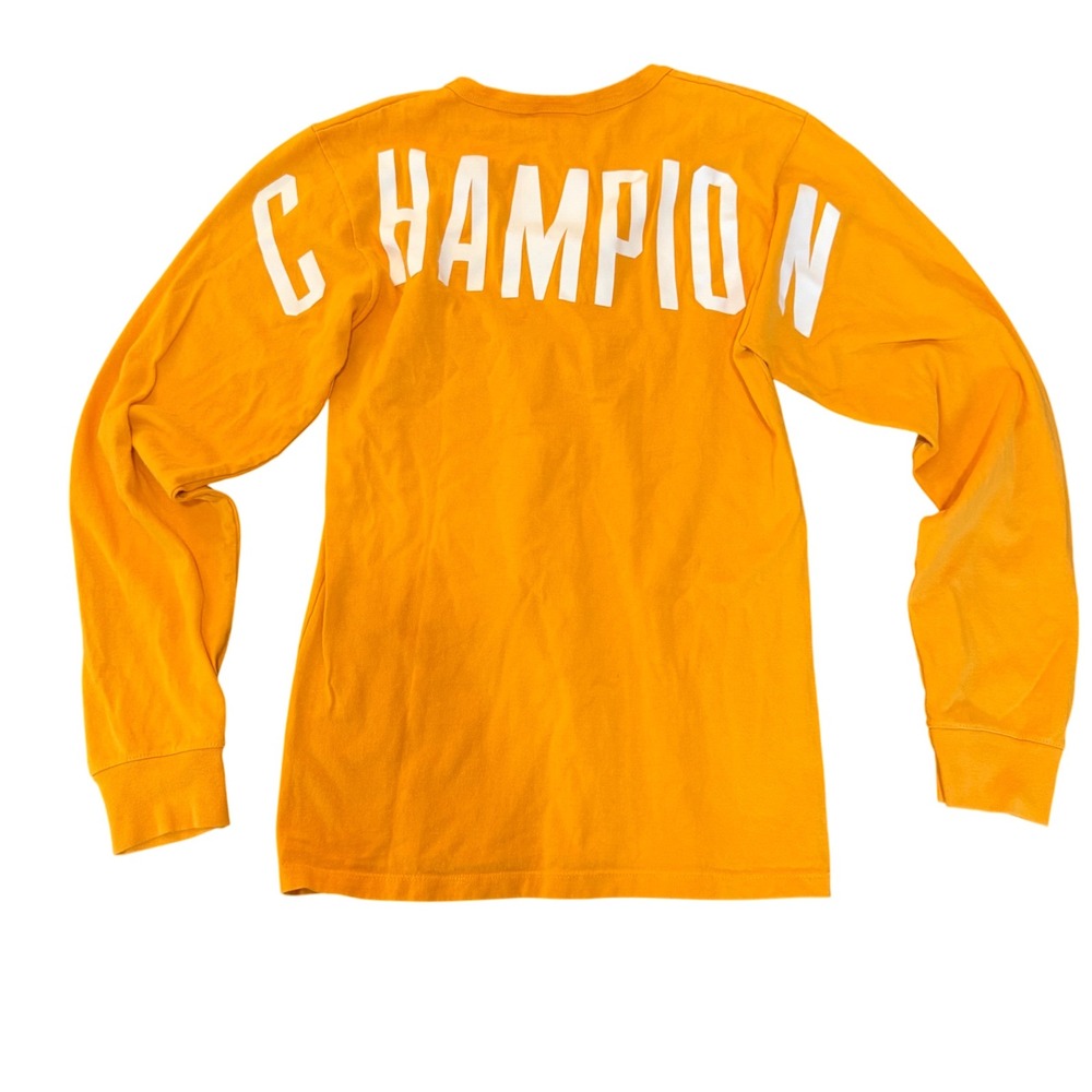 Vintage Champion Mens Long Sleeve T Shirt Small Yellow Cotton Logo‎ Spell Out